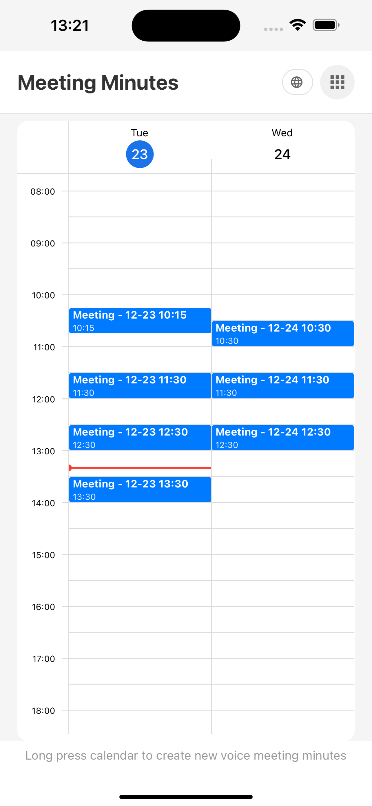 GG AI Minutes Calendar Interface